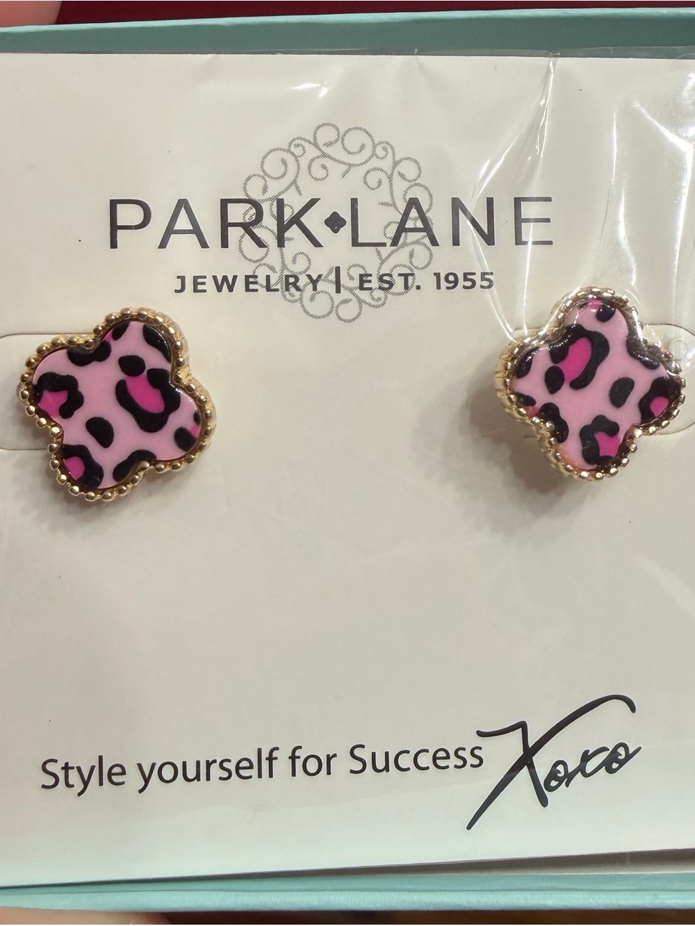 Park Lane Pink and Black Leopard Clover Stud Earrings